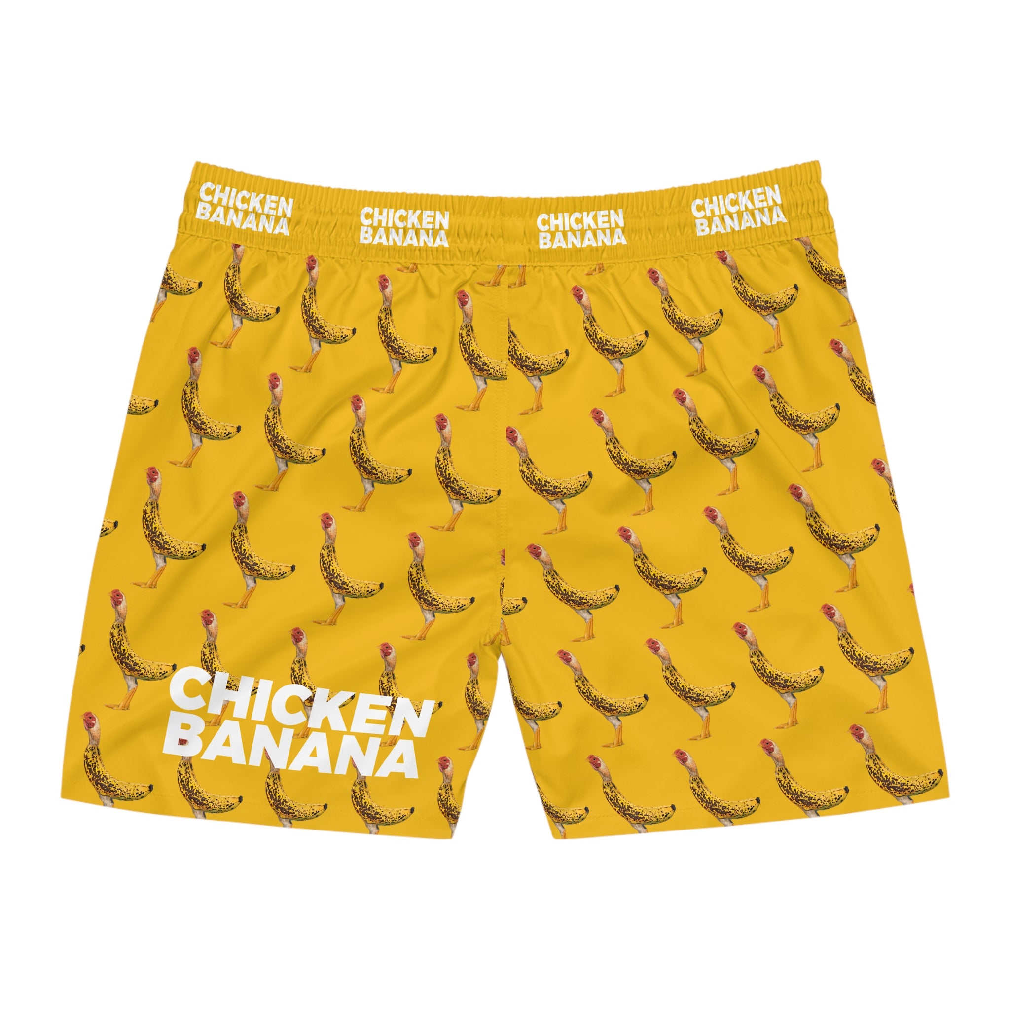 Chicken Banana Print Swim Shorts — Novelty Yellow Men’s Mid-Length Beach Trunks