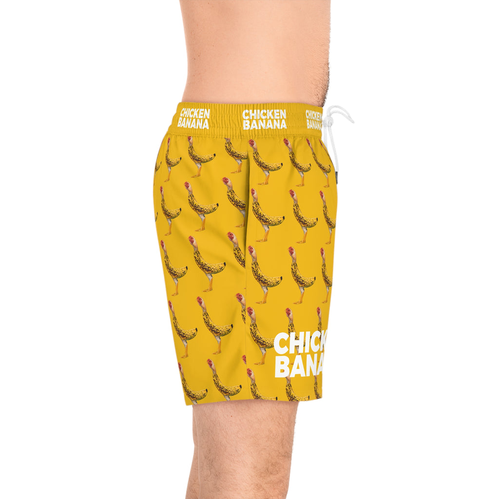 Chicken Banana Print Swim Shorts — Novelty Yellow Men’s Mid-Length Beach Trunks