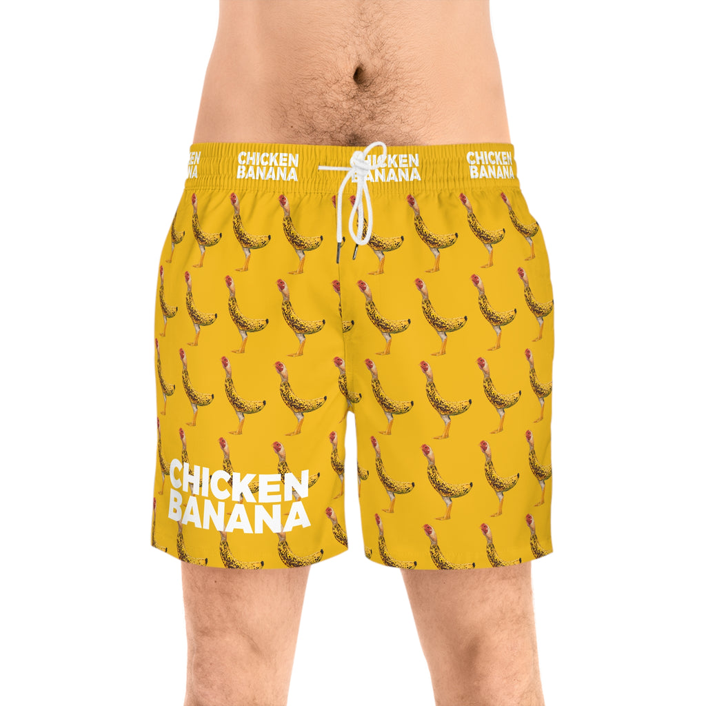 Chicken Banana Print Swim Shorts — Novelty Yellow Men’s Mid-Length Beach Trunks