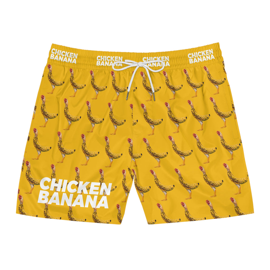 Chicken Banana Print Swim Shorts — Novelty Yellow Men’s Mid-Length Beach Trunks