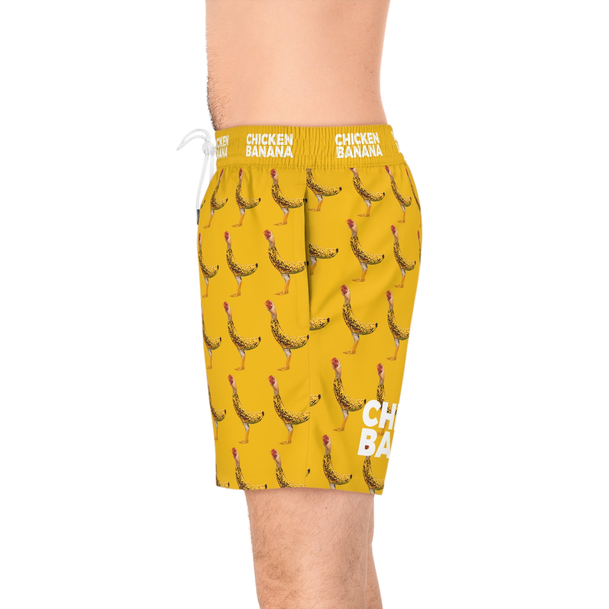 Chicken Banana Print Swim Shorts — Novelty Yellow Men’s Mid-Length Beach Trunks