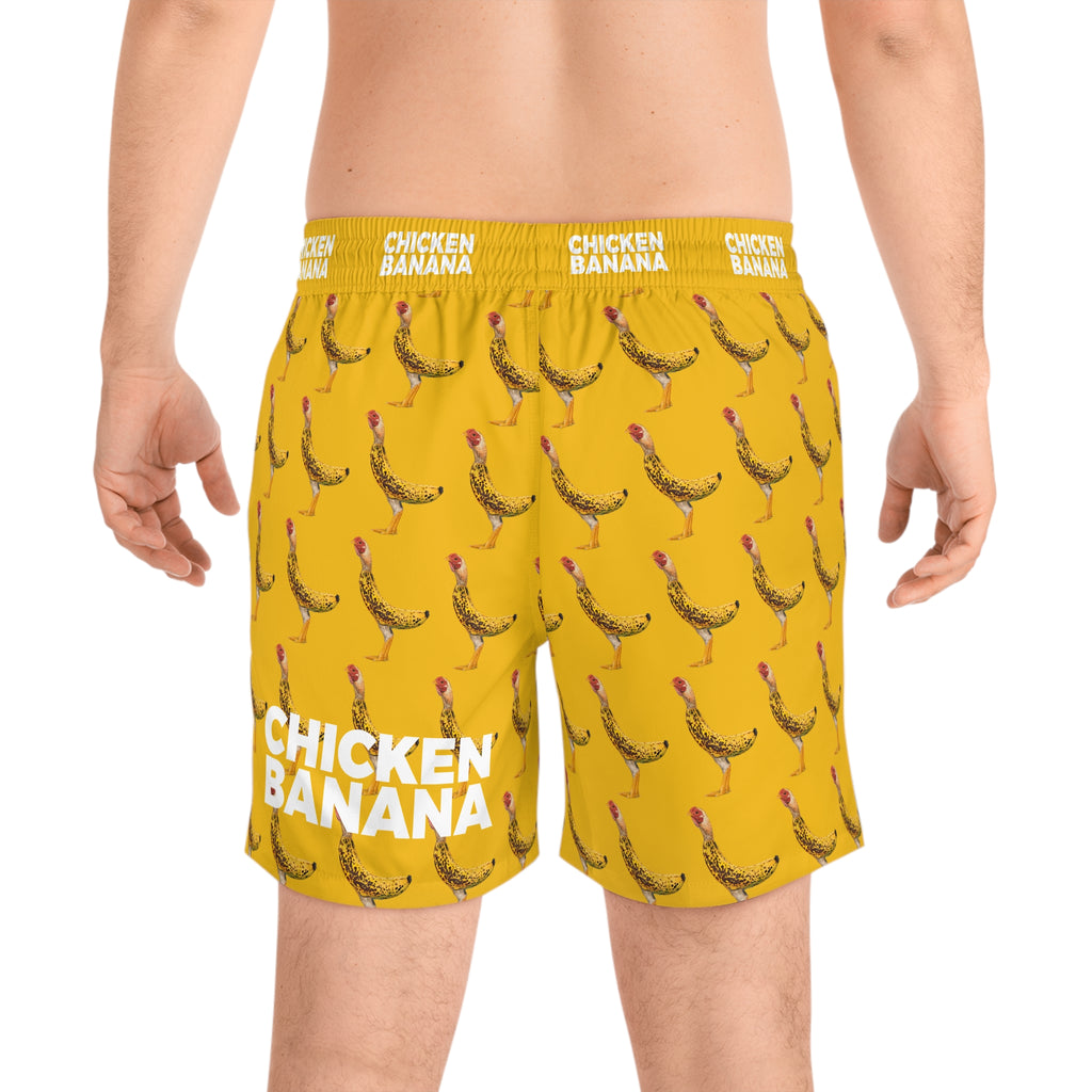 Chicken Banana Print Swim Shorts — Novelty Yellow Men’s Mid-Length Beach Trunks
